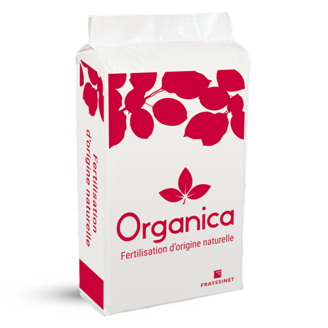 Sac d'ORGANICA, une gamme Frayssinet, des produits pour la fertilisation d'origine naturelle.