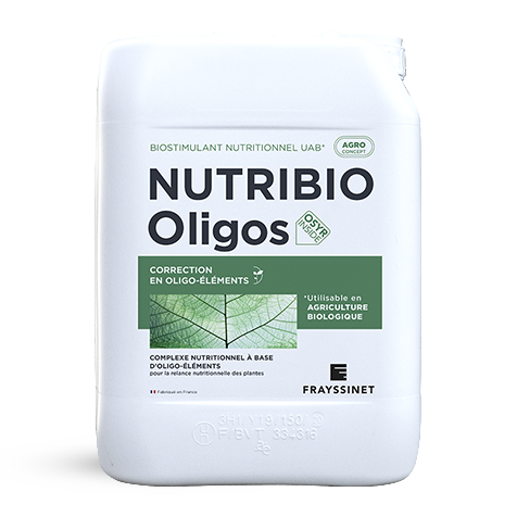 Bidon de NUTRIBIO Oligos, un biostimulant nutritionnel créé par Frayssinet qui va permettre une correction en Oligo-Éléments