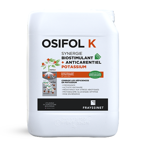 Bidon d'OSIFOL K, un biostimulant nutritionnel Potassium créé par Frayssinet.