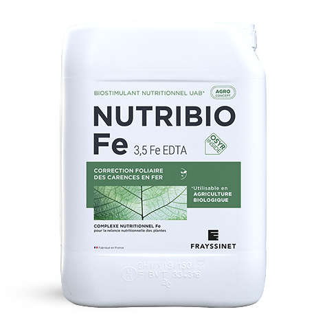 Bidon de biostimulant nutritionnel Fer (Fe EDTA). Ce produit créé par Frayssinet se nomme le NUTRIBIO Fe.