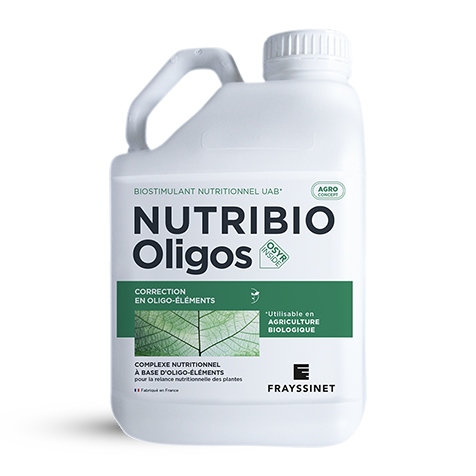 Photo d'un bidon de biostimulant nutritionnel à base d'oligo-éléments créé par Frayssinet. Ce produit est sous forme liquide et s'appelle le NUTRIBIO Oligos EV