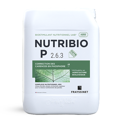 Visuel d'un biostimulant nutritionnel Phosphore conditionné dans un bidon. Ce produit Frayssinet est le NUTRIBIO P