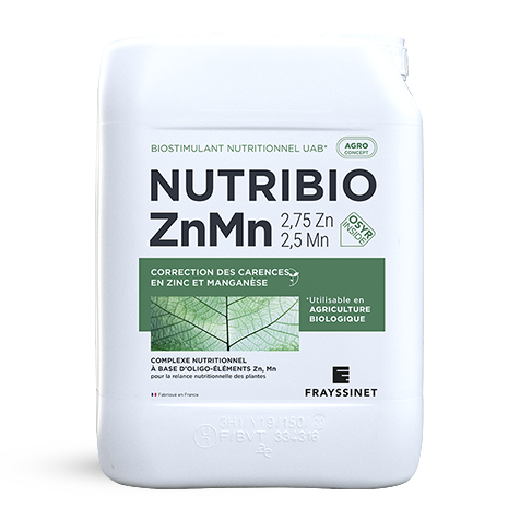 Visuel d'un bidon de NUTRIBIO ZnMn, un biostimulant nutritionnel zinc & manganèse créé par Frayssinet.