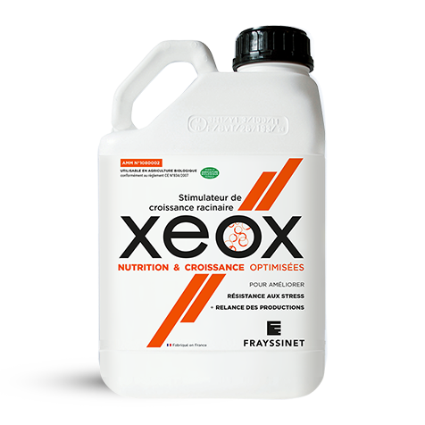 Visuel d'un bidon de XEOX EV, un stimulateur de croissance racinaire avec AMM créé par Frayssinet